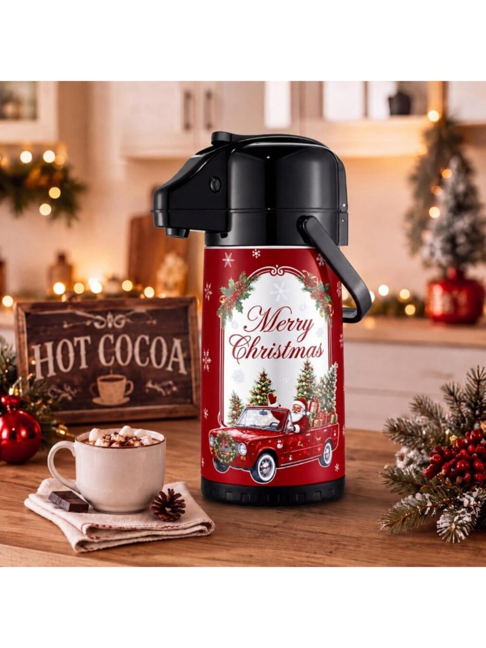 Festive Christmas Coffee Carafe & Hot Cocoa Dispenser with Pump, Santa Design